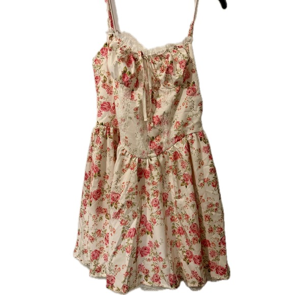 ABEWIP Floral Dress White Pink Lace Trim Corset Cottagecore Sundress Summer‎ S - Picture 2 of 10
